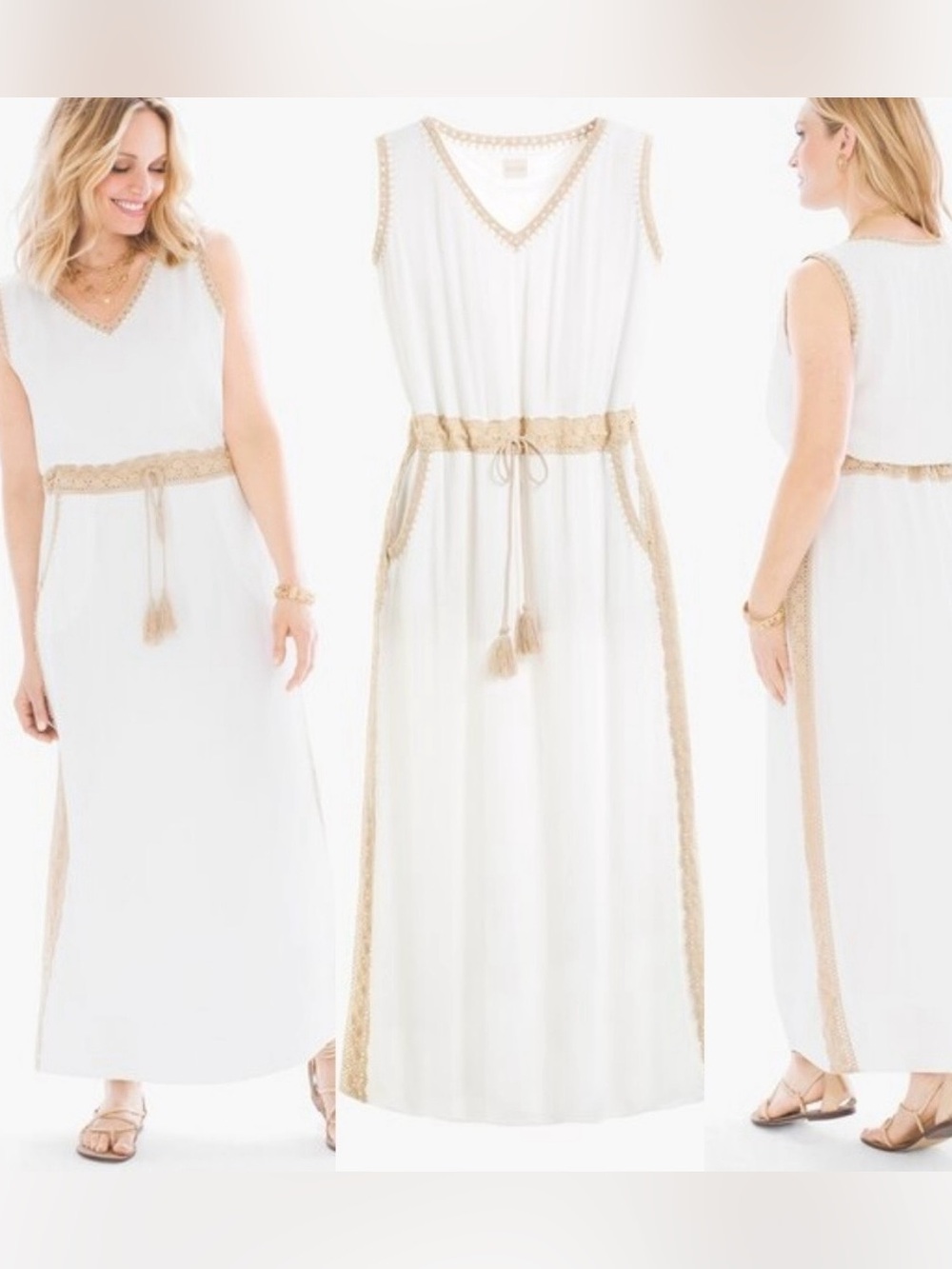 Chico’s White Tan Crochet Tie Waist Sleeveless Maxi Dress Medium/8 Casual